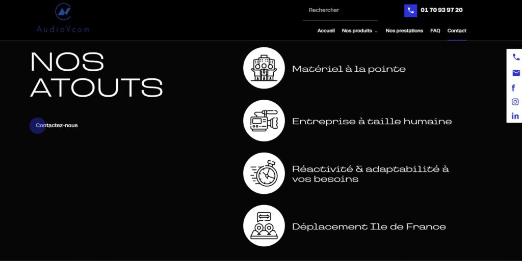 Site internet AudioVCom - nos atouts matériel professionnel et prestations audiovisuelles